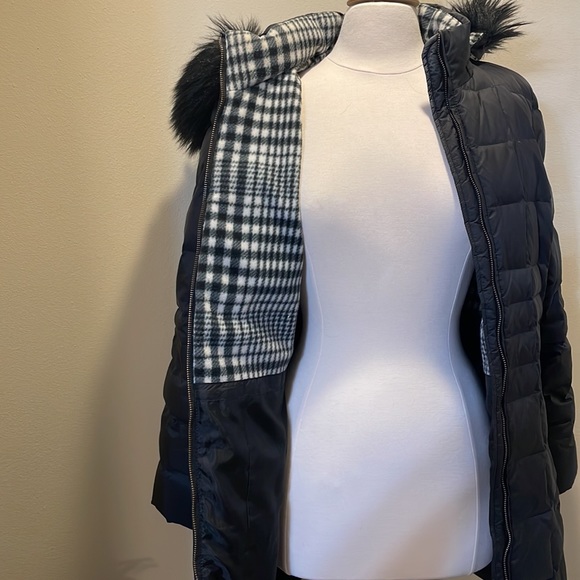 Talbots Black Mid-length Puffer Detachable Faux Fur Hood Checker Accent - Picture 11 of 13